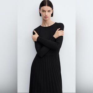Mango Black Long Sleeve Pleated Midi Dress